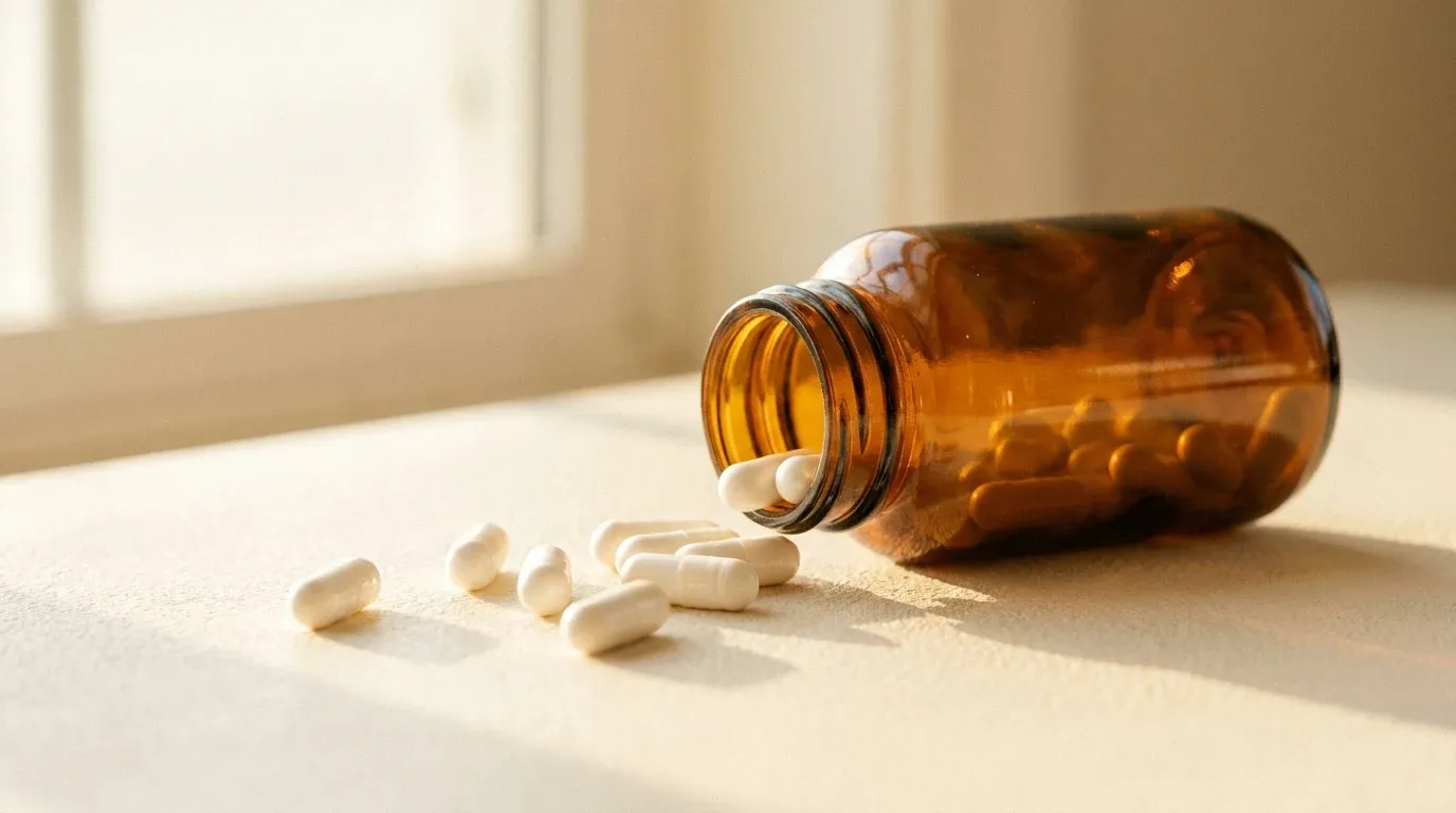 Amber supplement bottle on its side with white capsules spilling onto a warm cream surface in soft daylight.