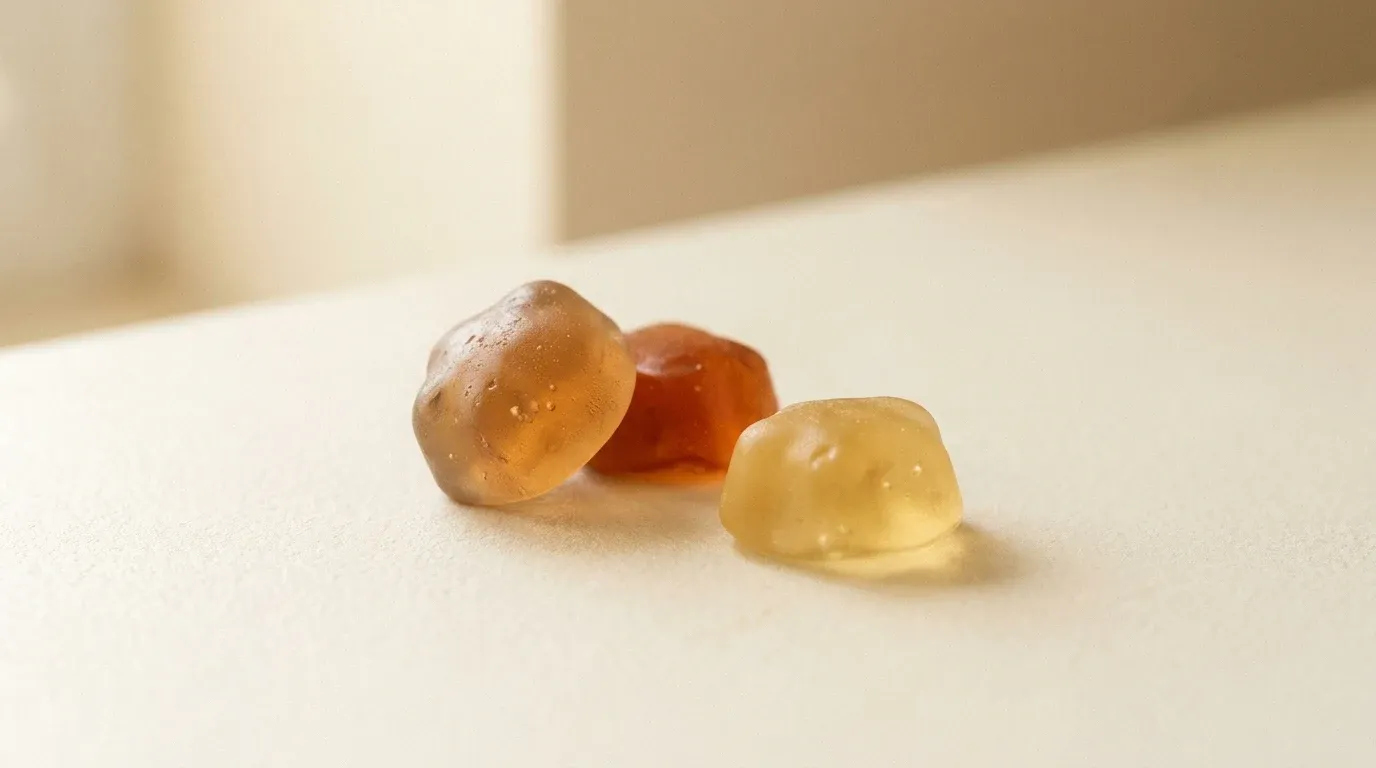 Three translucent gummy supplements in amber, orange, and soft yellow tones rest on a warm cream surface.