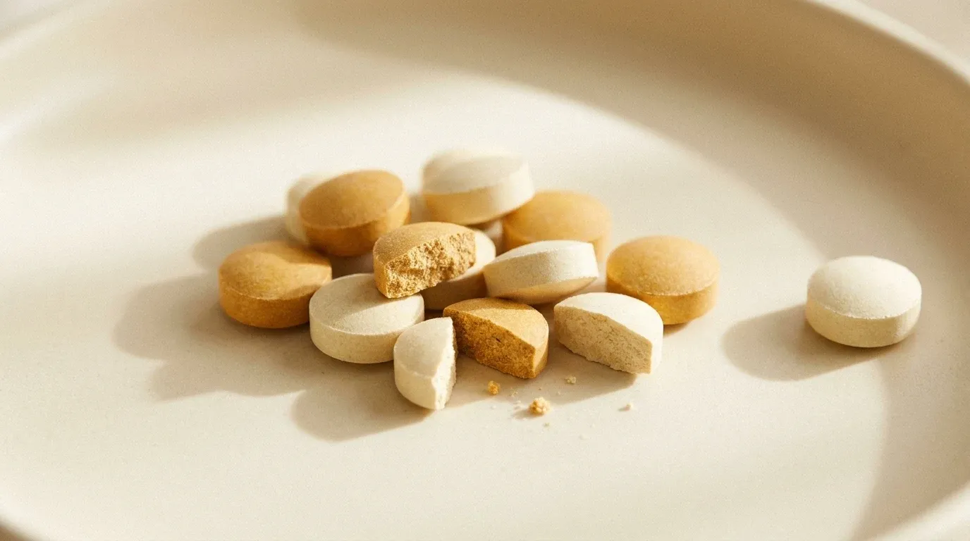 Pile of soft chewable supplement tablets in amber and ivory tones on a warm cream surface in natural light.