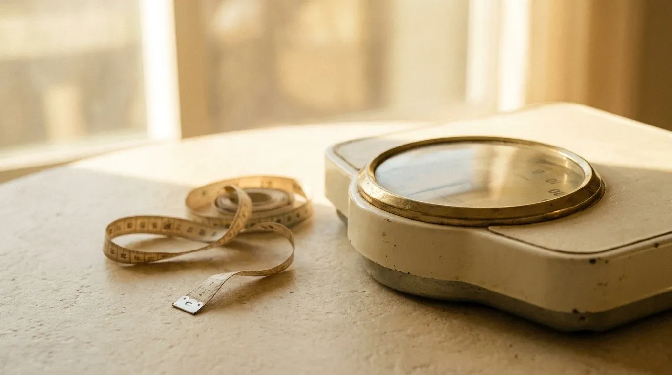 A vintage analog bathroom scale and tape measure on a warm cream surface in soft natural light.