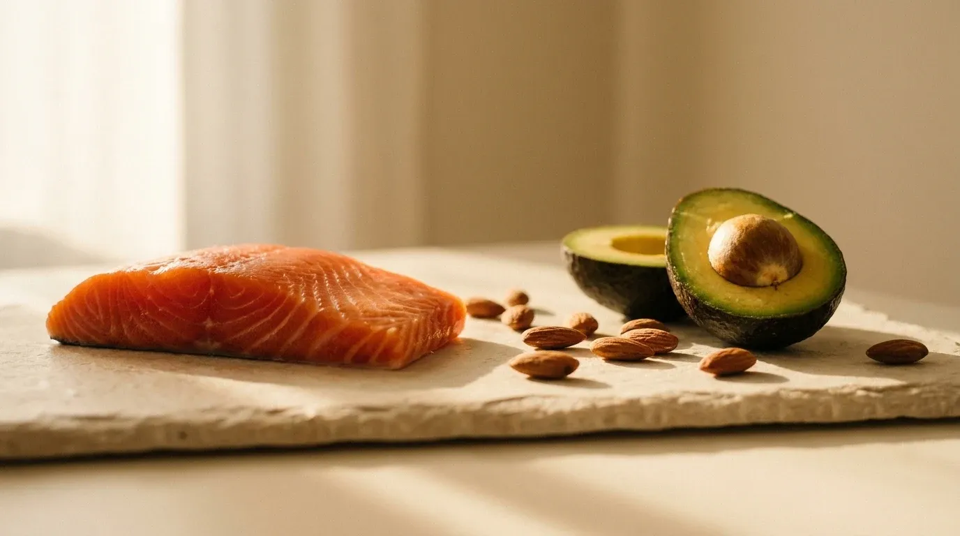 Fresh salmon fillet, almonds, and avocado arranged on a cream surface in natural golden light.