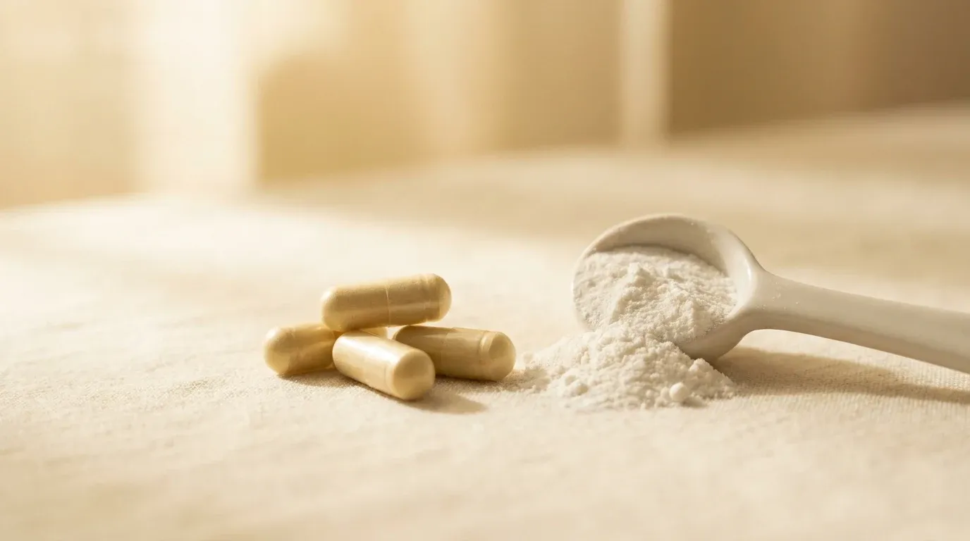 Three supplement capsules and an overturned measuring spoon of white powder on a warm cream background.