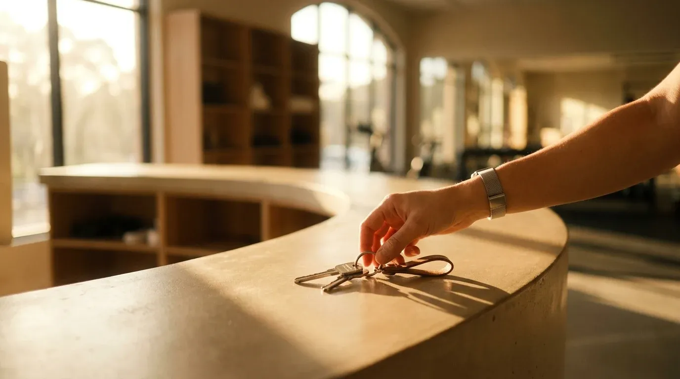 A hand places modern gym keys on a warm reception desk in soft golden-hour light.