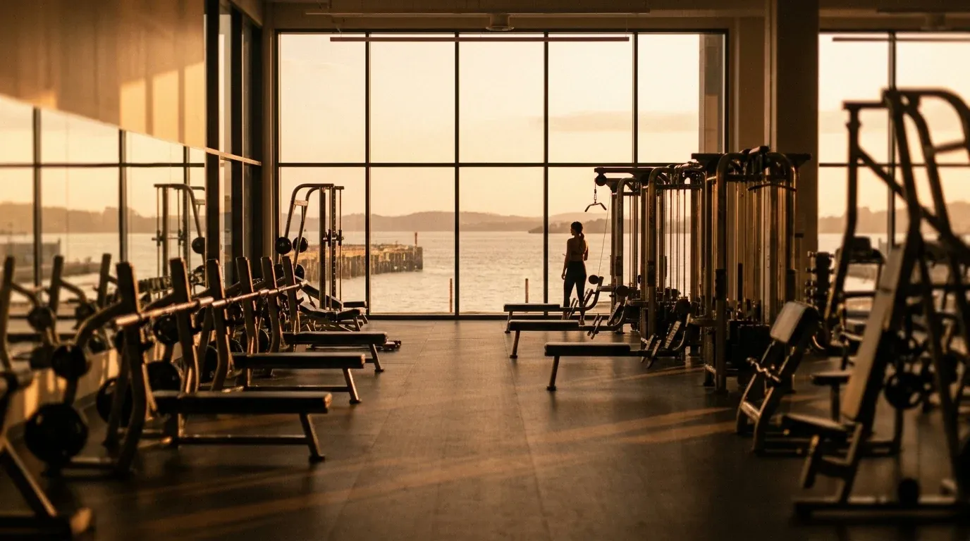 A solitary figure gazes toward harbor views across a spacious, sunlit premium athletic club floor.