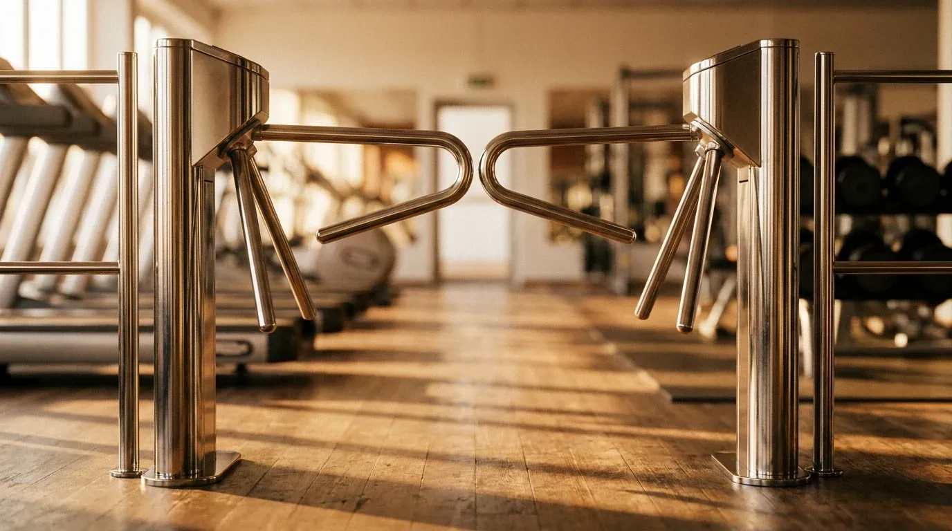 Two chrome turnstiles shot from below, their curved arms merging into a single exit lane in warm golden light.