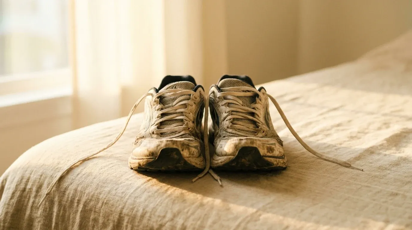 Two worn running shoes standing side by side in soft golden-hour light against a warm cream background.