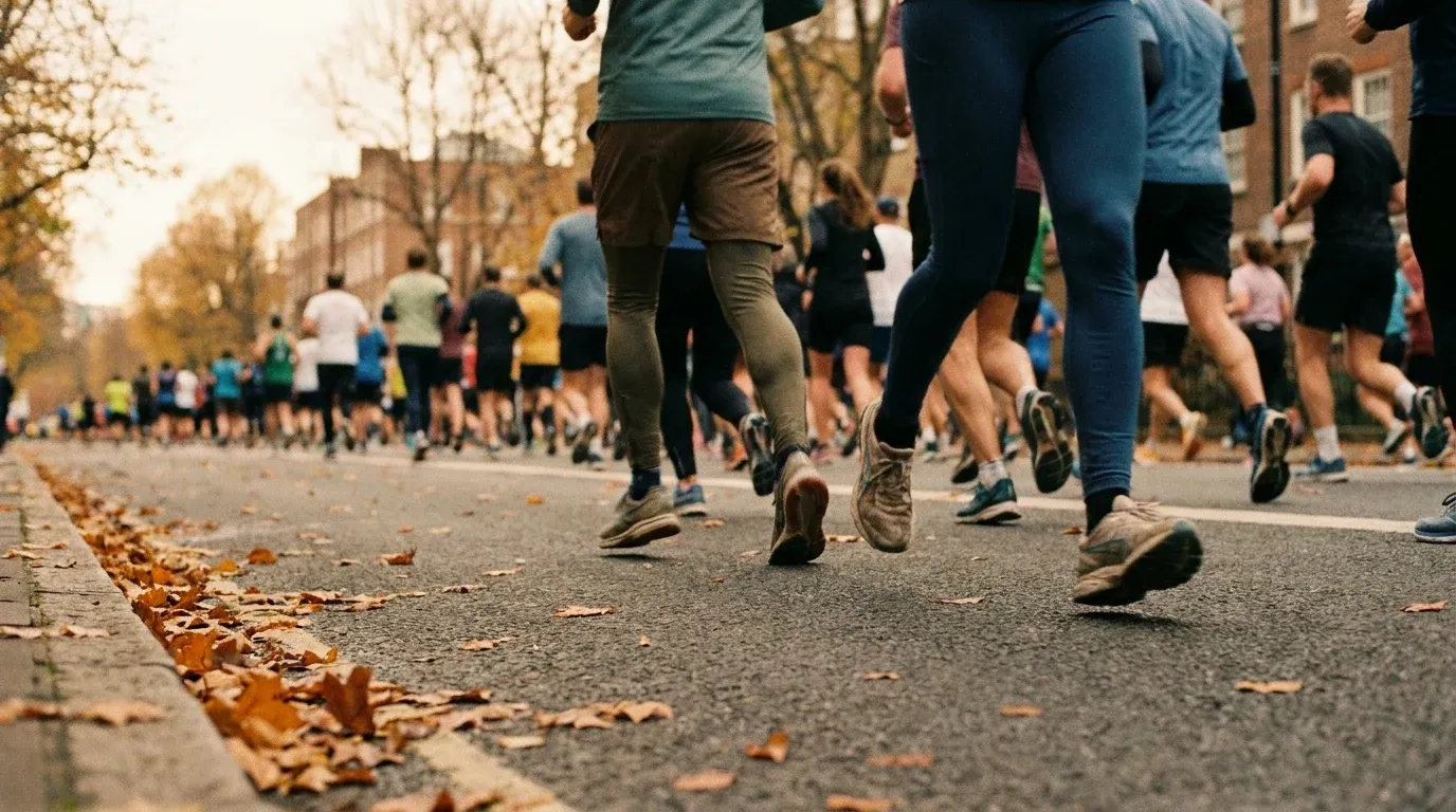 Close-up of dozens of runners' legs in motion on a city road during a marathon race.