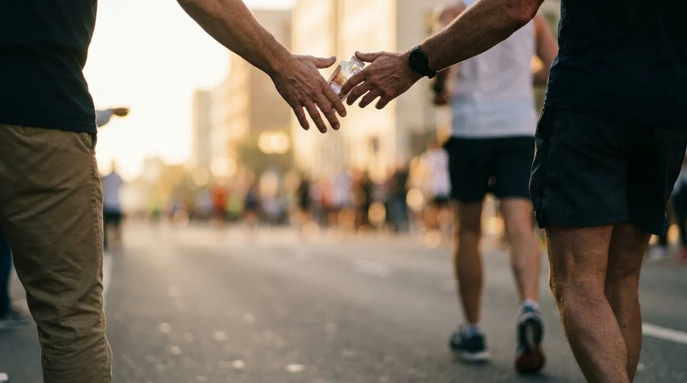A runner receives an energy gel from a race volunteer during a dawn marathon exchange.