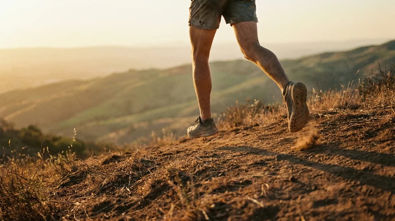 Trail runner's legs mid-stride cresting a dirt ridge in golden-hour light.