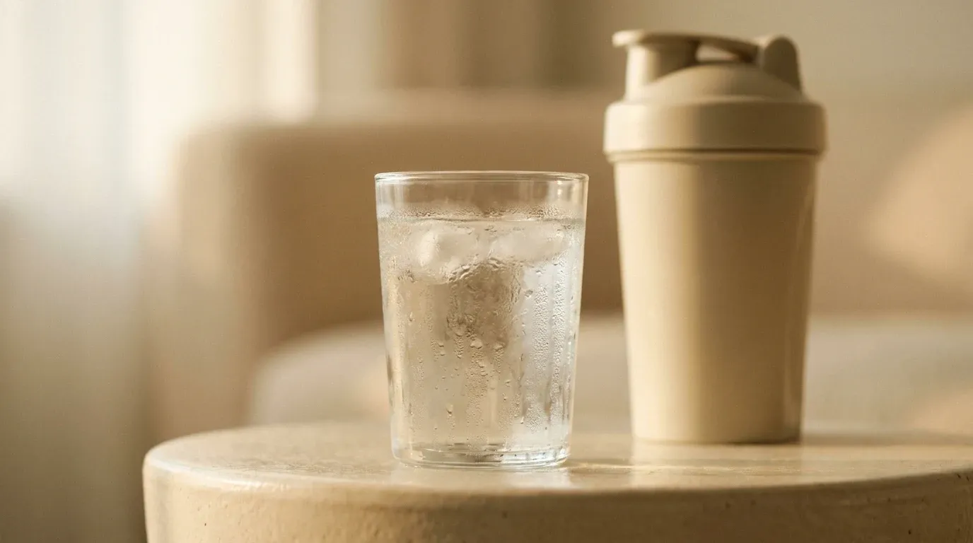 A condensed water glass beside a protein shaker on a warm cream surface.