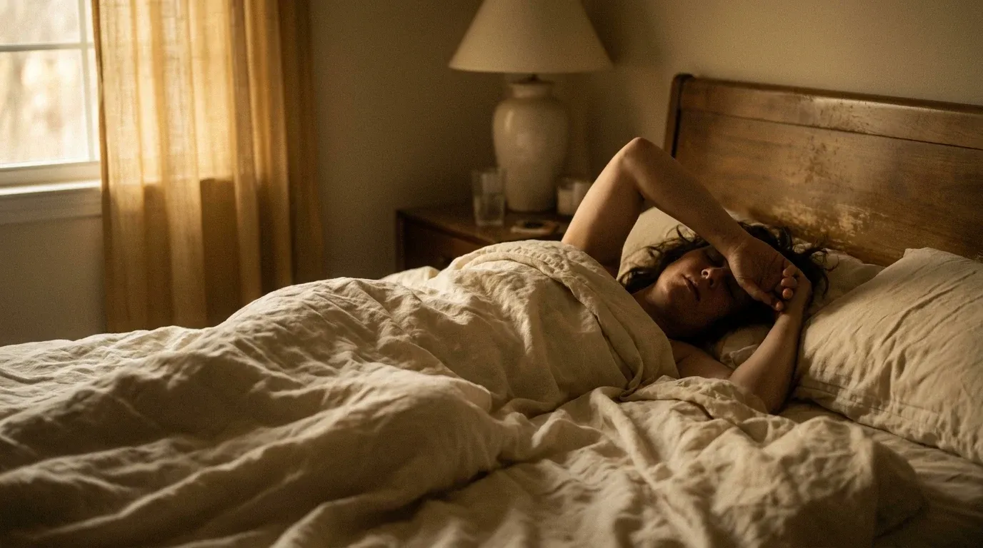 Person lying restlessly on rumpled sheets in a hot bedroom, arm across forehead, showing sleep discomfort.