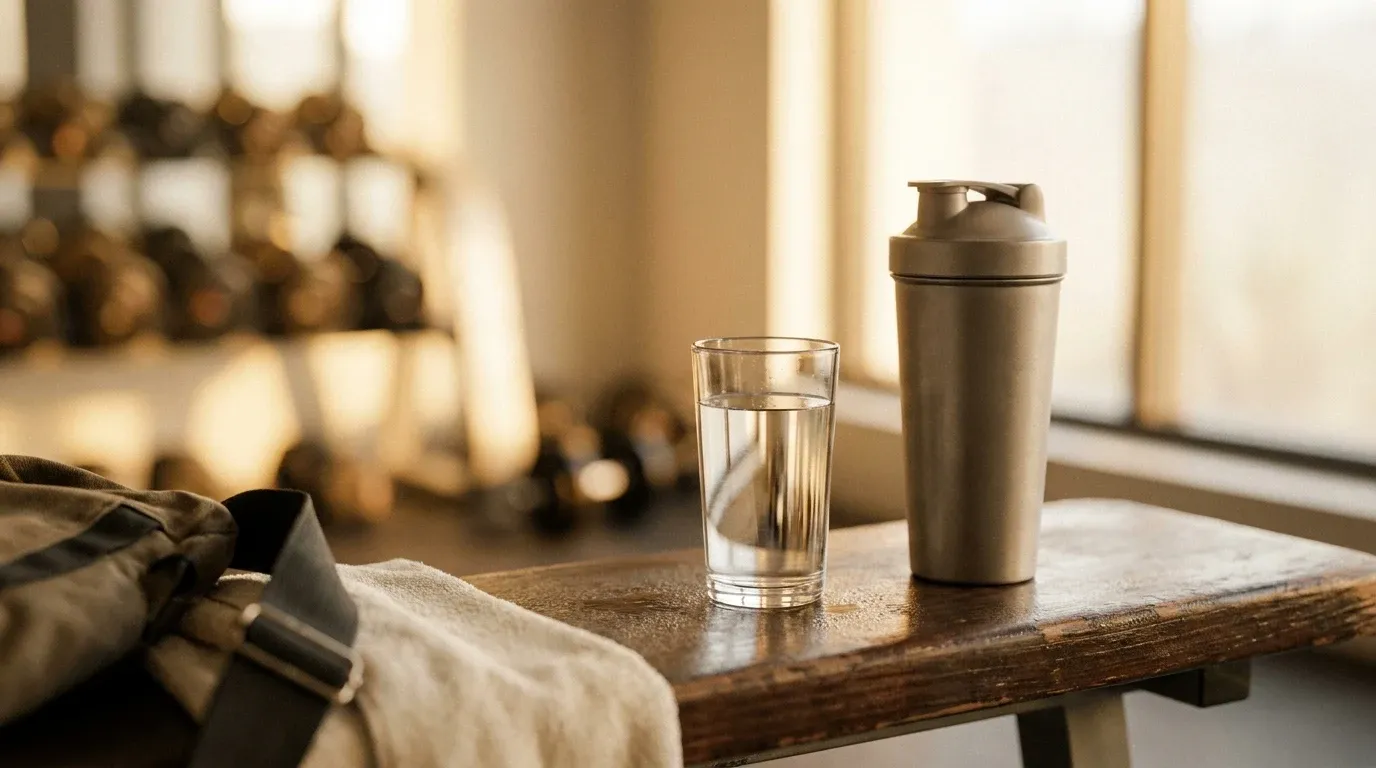 A clear glass of water and a protein shaker bottle positioned together on a damp gym bench.