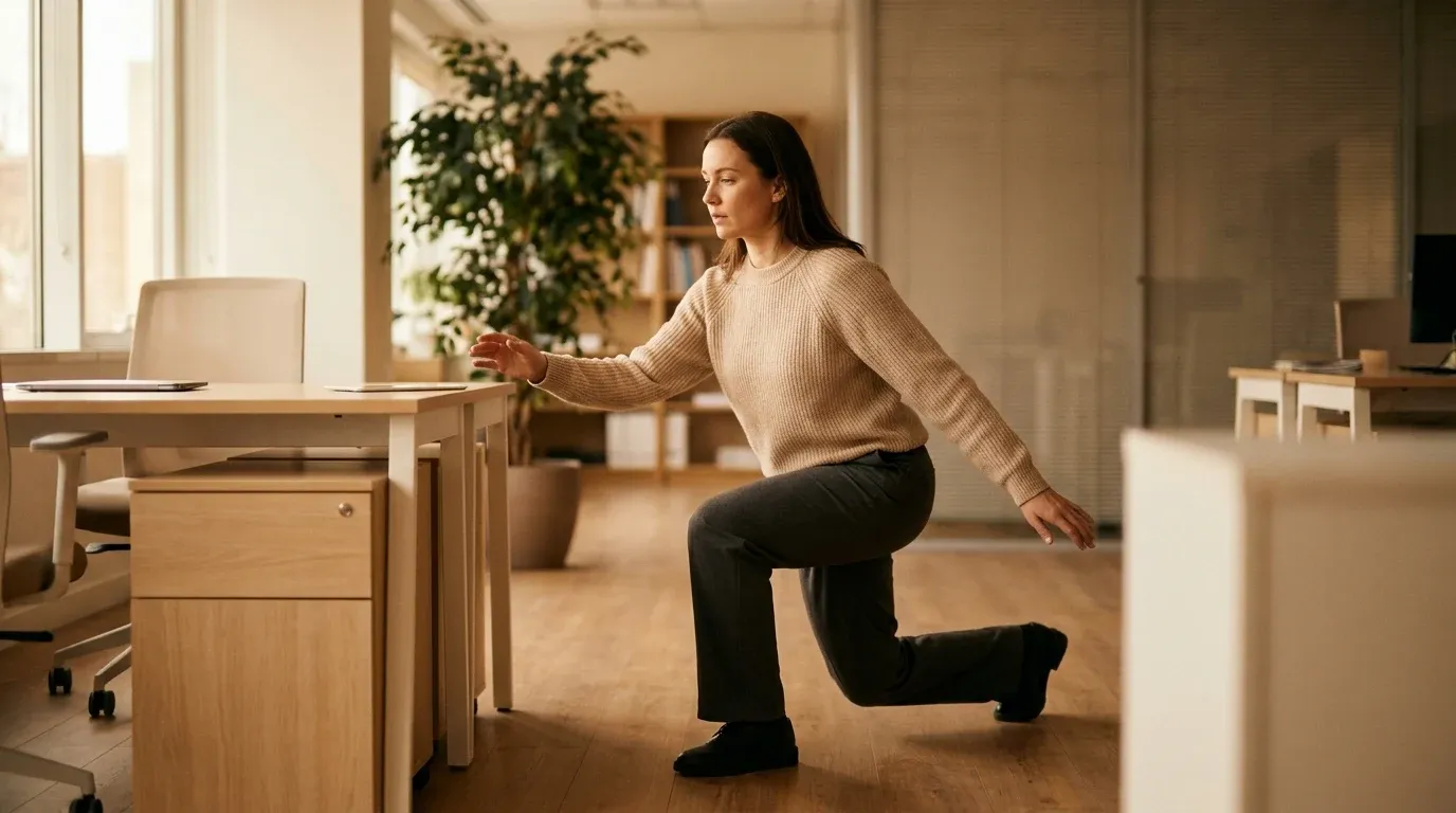 Person in business casual clothing performing a dynamic lunge beside their office desk in a modern, naturally lit workspace.