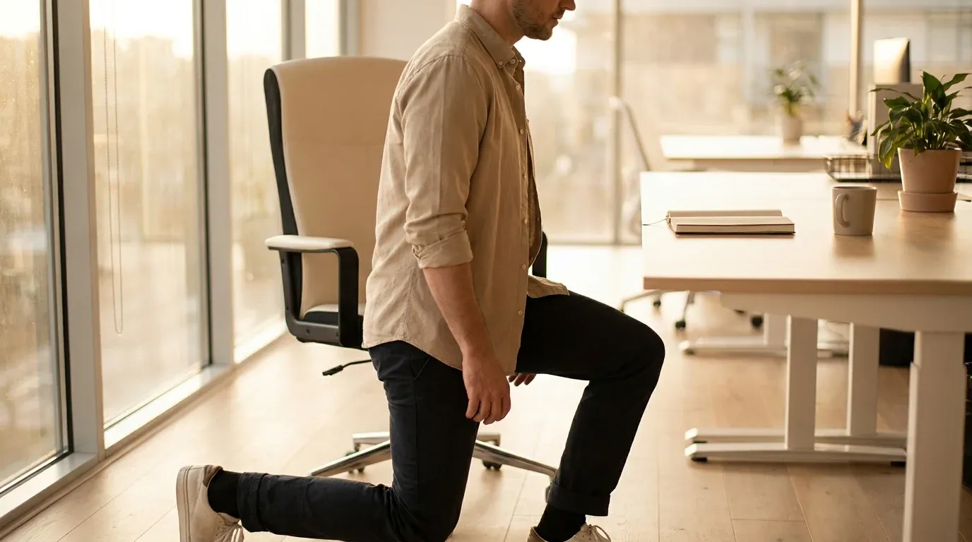 Office worker performing a lunge beside his desk chair in a sunlit open-plan workspace.