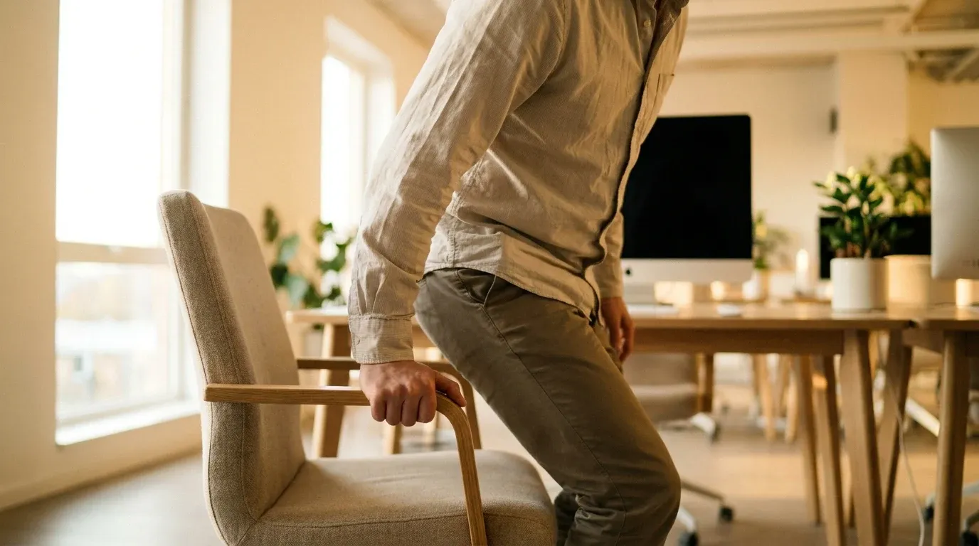 An office worker rises from their desk chair in a modern workplace bathed in warm golden light.