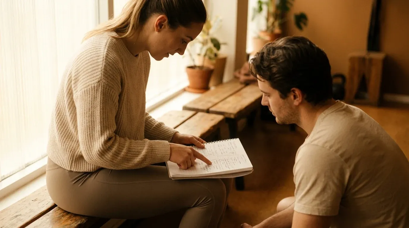 A personal trainer reviews a handwritten training plan with an attentive client in warm, intimate lighting.