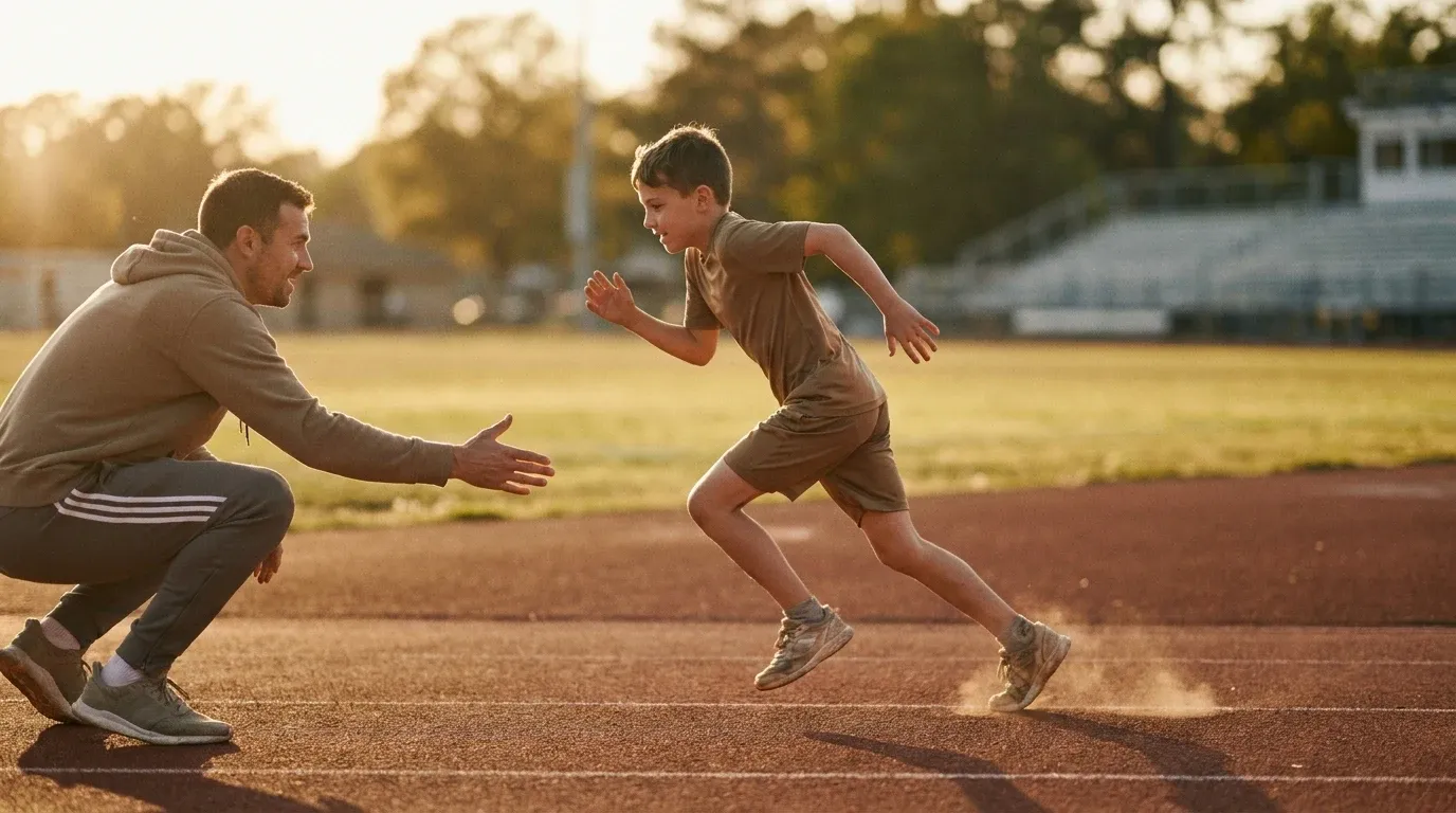 A young athlete sprints on a track while a coach gestures encouragement nearby.