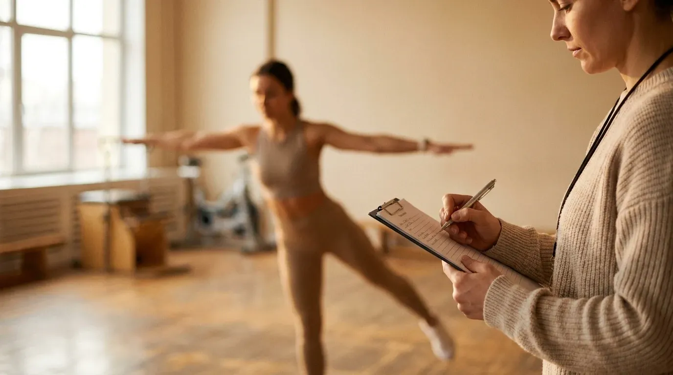 A coach takes notes on a clipboard while a client performs a lateral balance drill in a gym bathed in warm golden light.
