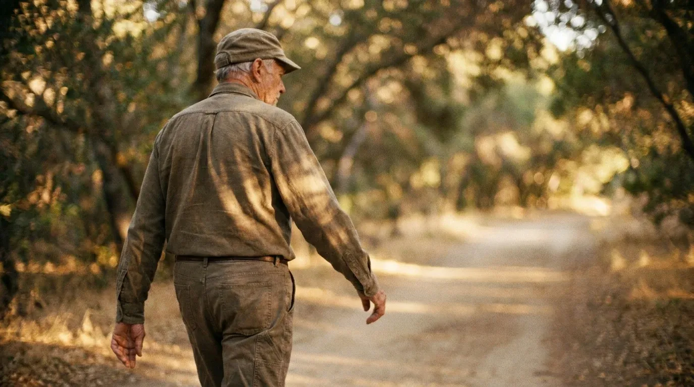 Older adult walking with steady posture on a sunlit path, dappled golden light filtering through trees.