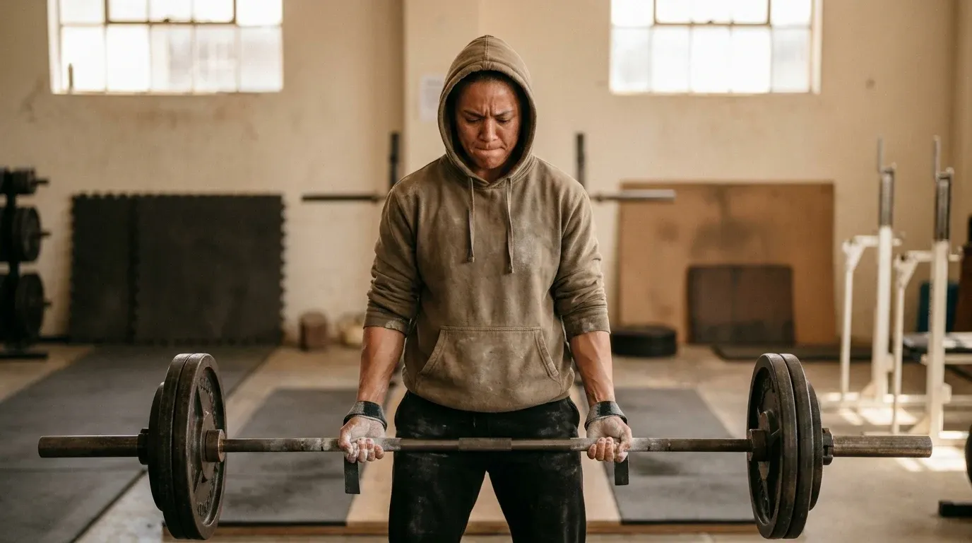 A focused lifter grips a loaded barbell at hip height, muscles tensed in concentrated effort.
