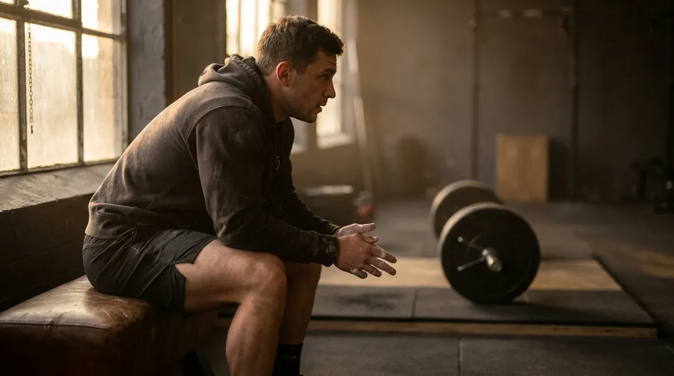 A male lifter seated on a gym bench takes an intentional rest pause between training sets.