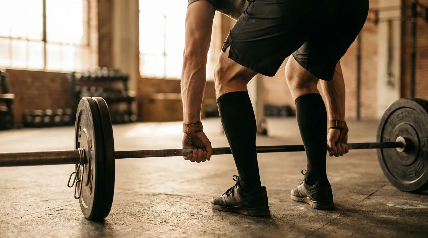 Person performing a deadlift with barbell in a gym, shot from a low angle behind the lifter.