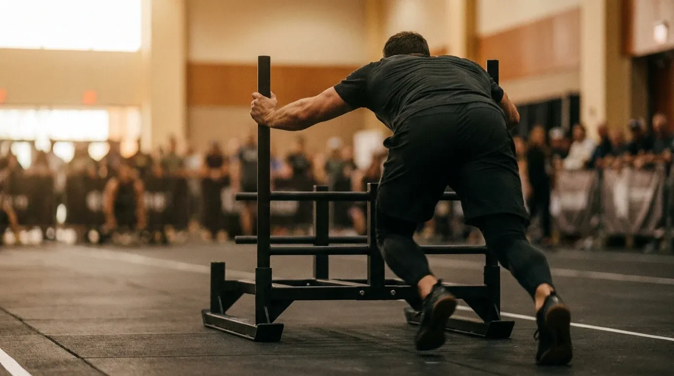 Athlete in powerful drive stance pushing a black competition sled across indoor flooring.