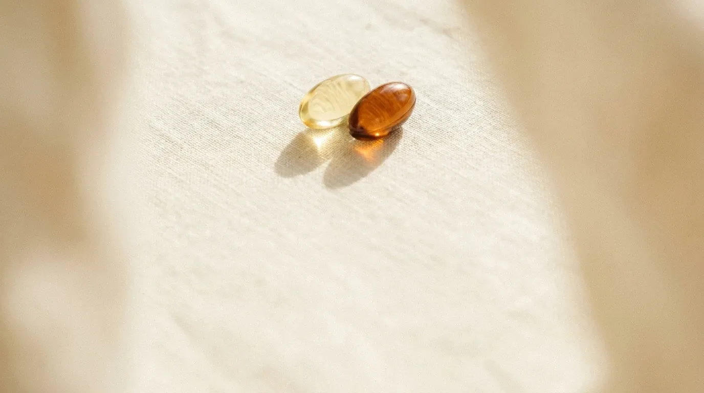 Two vitamin D softgel capsules in pale yellow and amber resting side by side on cream linen.