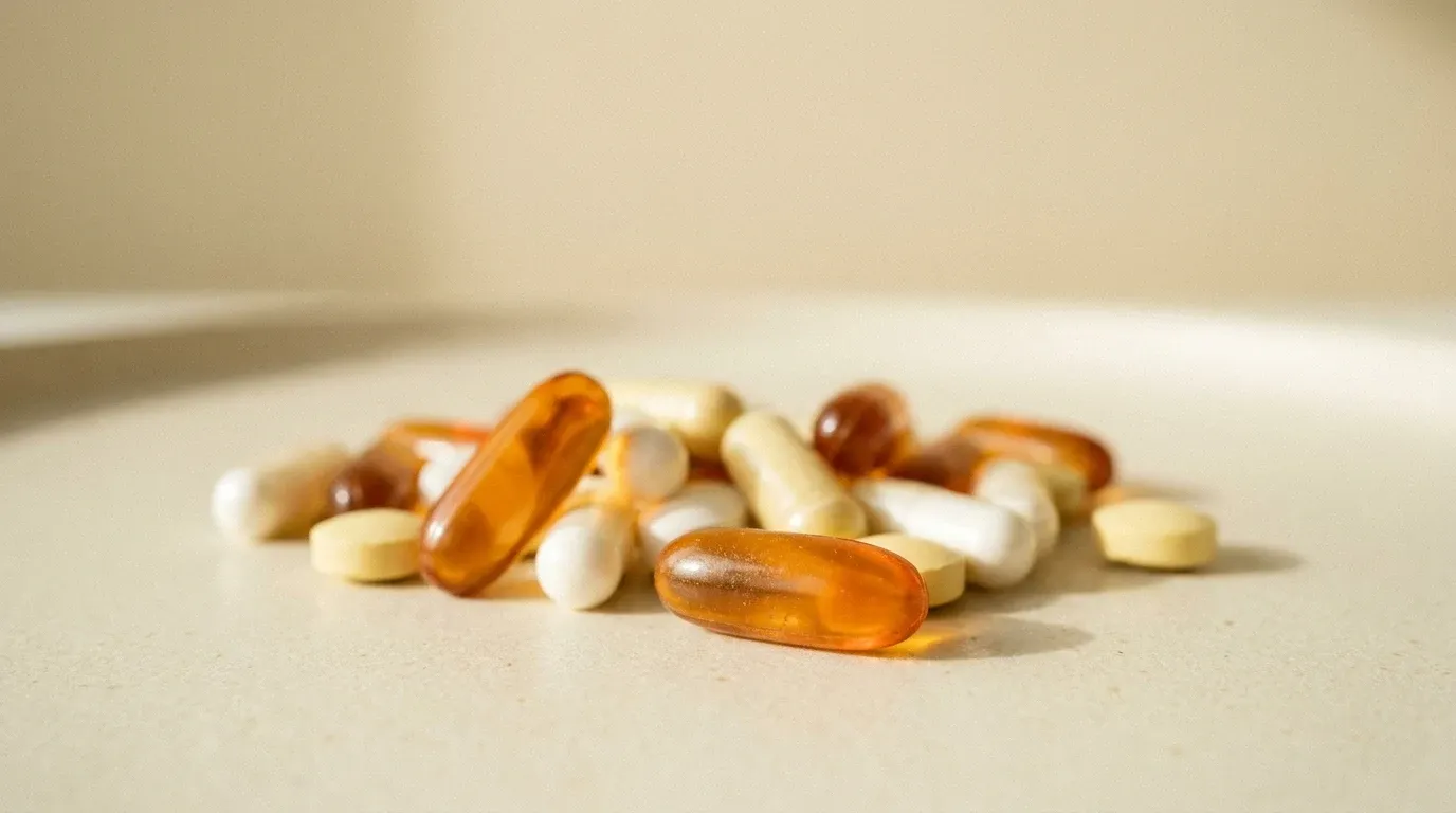 Close-up of scattered supplement capsules in orange, white, and yellow on a warm cream surface with soft shadows.