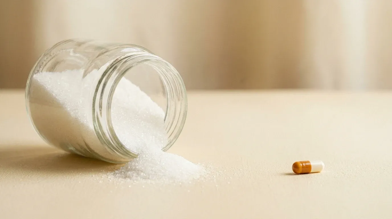 A tipped glass jar of white sugar with granules spilling beside a single antibiotic capsule on a warm cream surface.