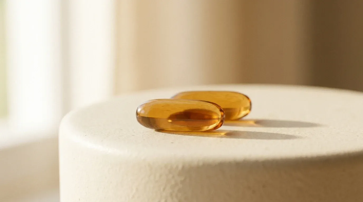 Two small amber supplement capsules resting side by side on a warm cream surface with soft natural light.