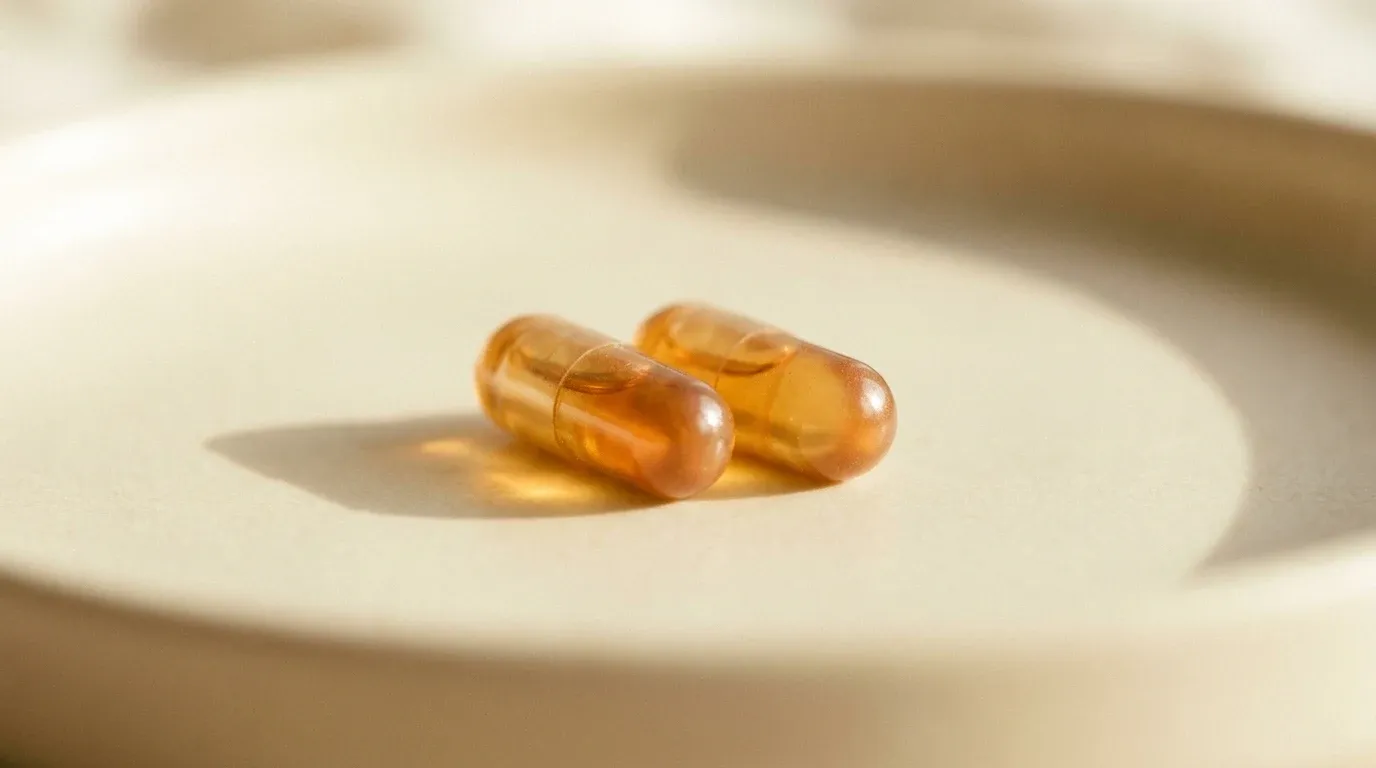 Two amber supplement capsules side by side on a warm cream surface in soft natural light.
