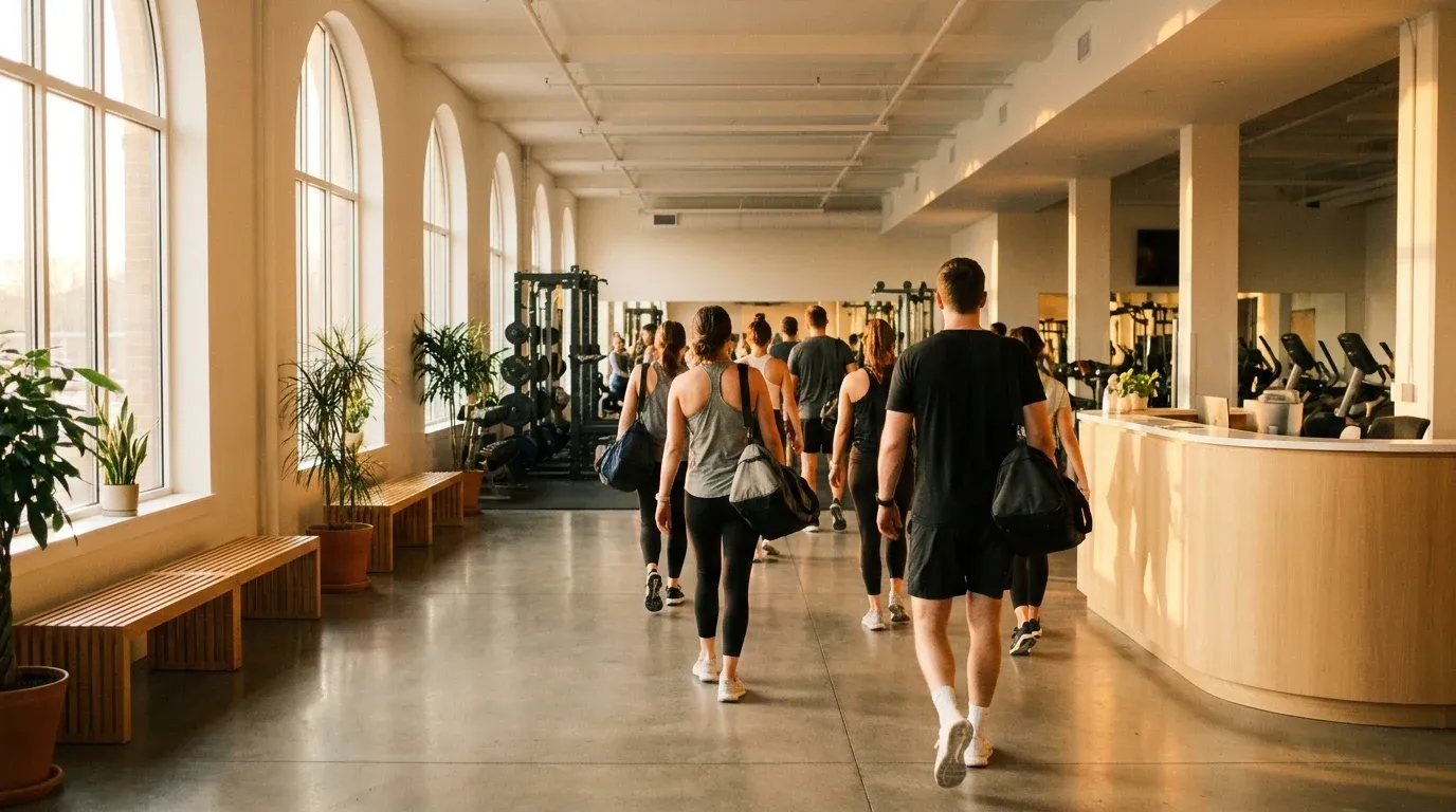 Gym members walking toward reception with bags, corridor filled with warm morning light and steady foot traffic.