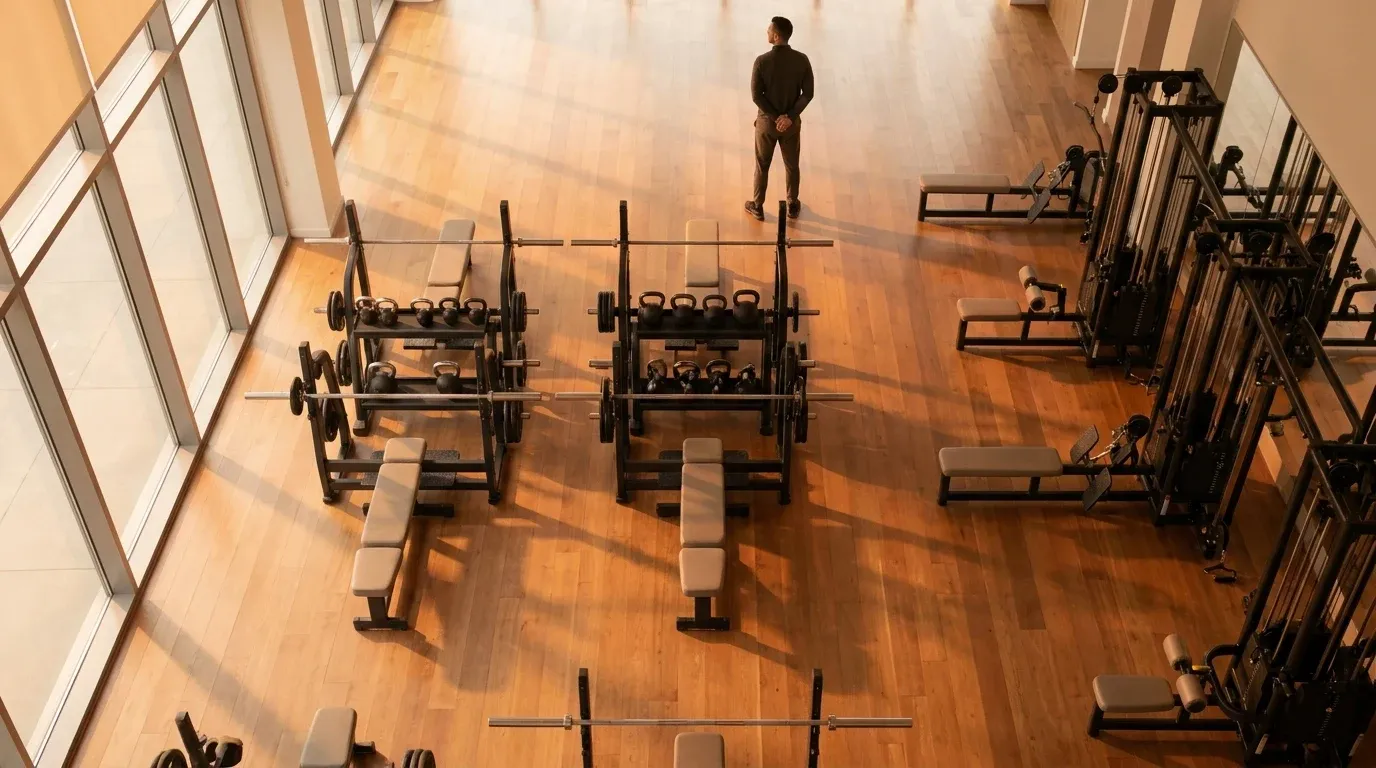 Overhead view of an organized gym floor at sunrise, with a staff member calmly overseeing the arranged equipment.
