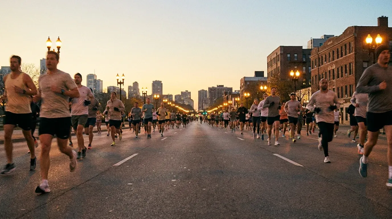 Hundreds of runners flooding a wide urban boulevard at dawn in a dense, unified mass.