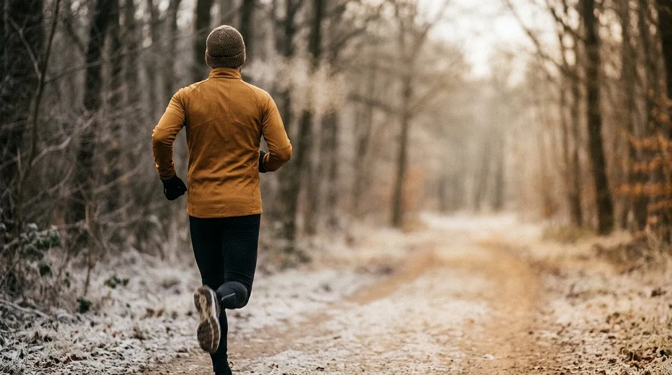 Runner jogging mid-stride on a frost-covered trail in winter layers with visible breath.