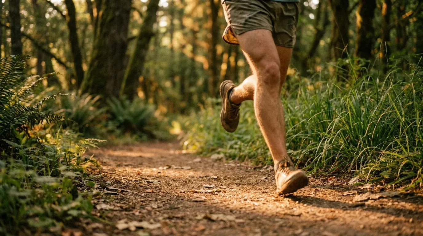 Runner's legs mid-stride on a sunlit forest trail surrounded by lush green vegetation and dappled morning light.
