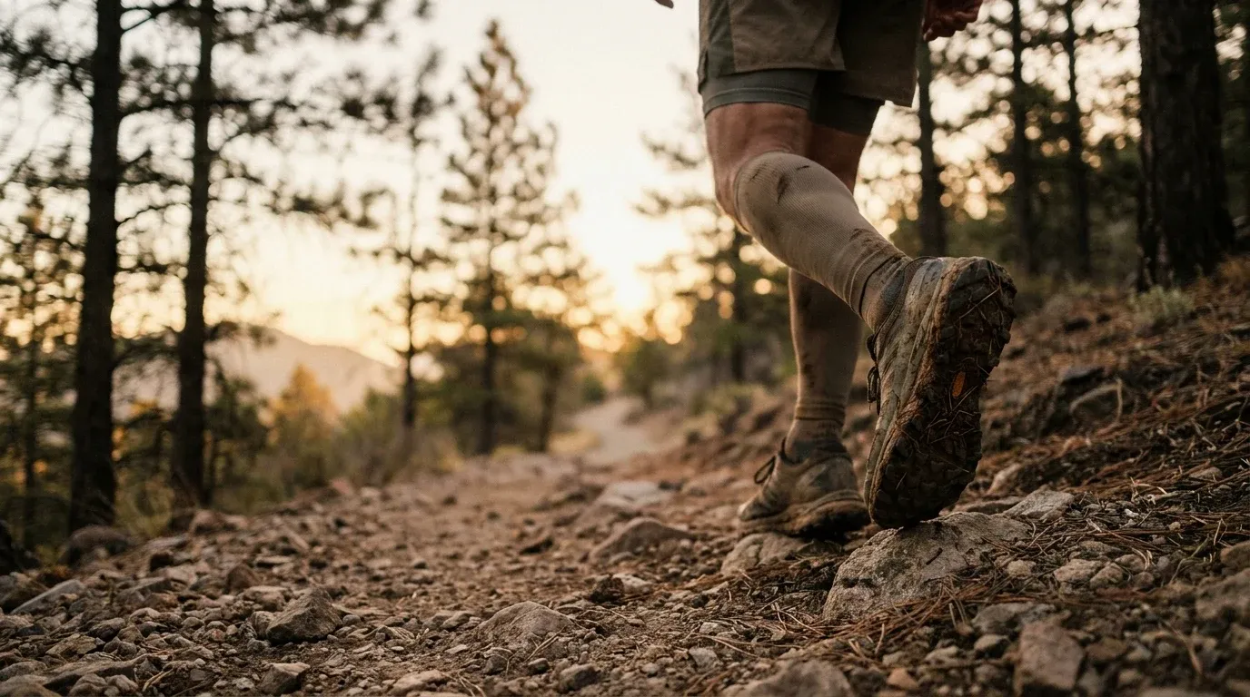 Close-up of a trail runner's legs mid-stride on a rocky mountain path at golden dawn.
