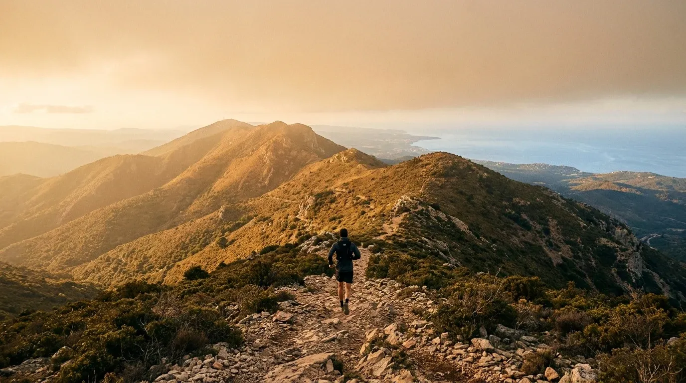 Trail runner silhouetted against a vast rocky mountain ridge with the Mediterranean Sea glowing on the distant horizon.