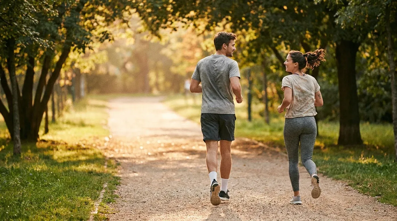 Two young adults jogging side by side on a sunlit park path, conversing naturally in warm golden light.