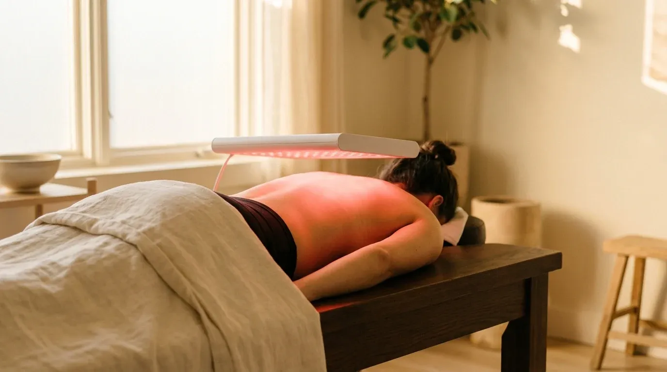 A person lying face-down receives red light therapy treatment on their upper back in a calm wellness studio.