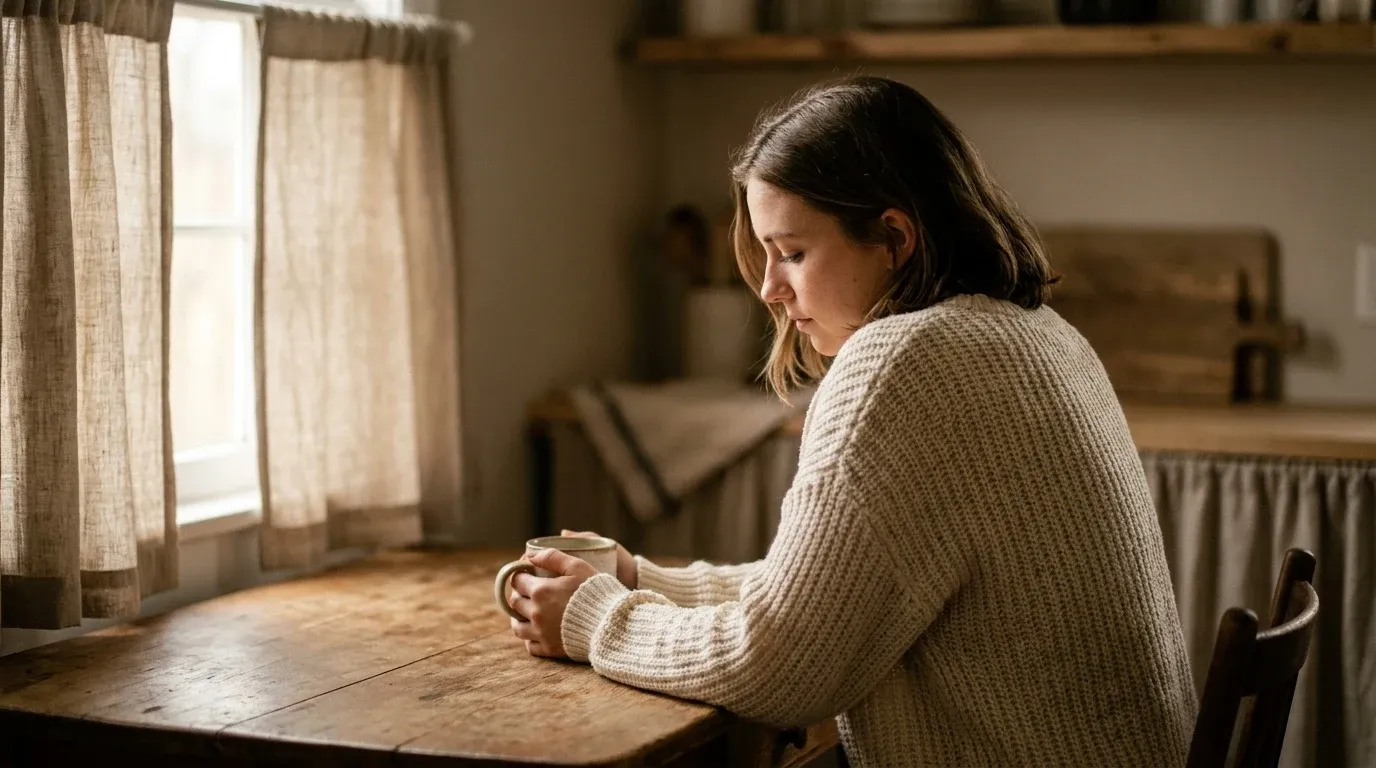 Young woman alone at kitchen table holding warm mug, gazing downward in a quiet moment of stillness.