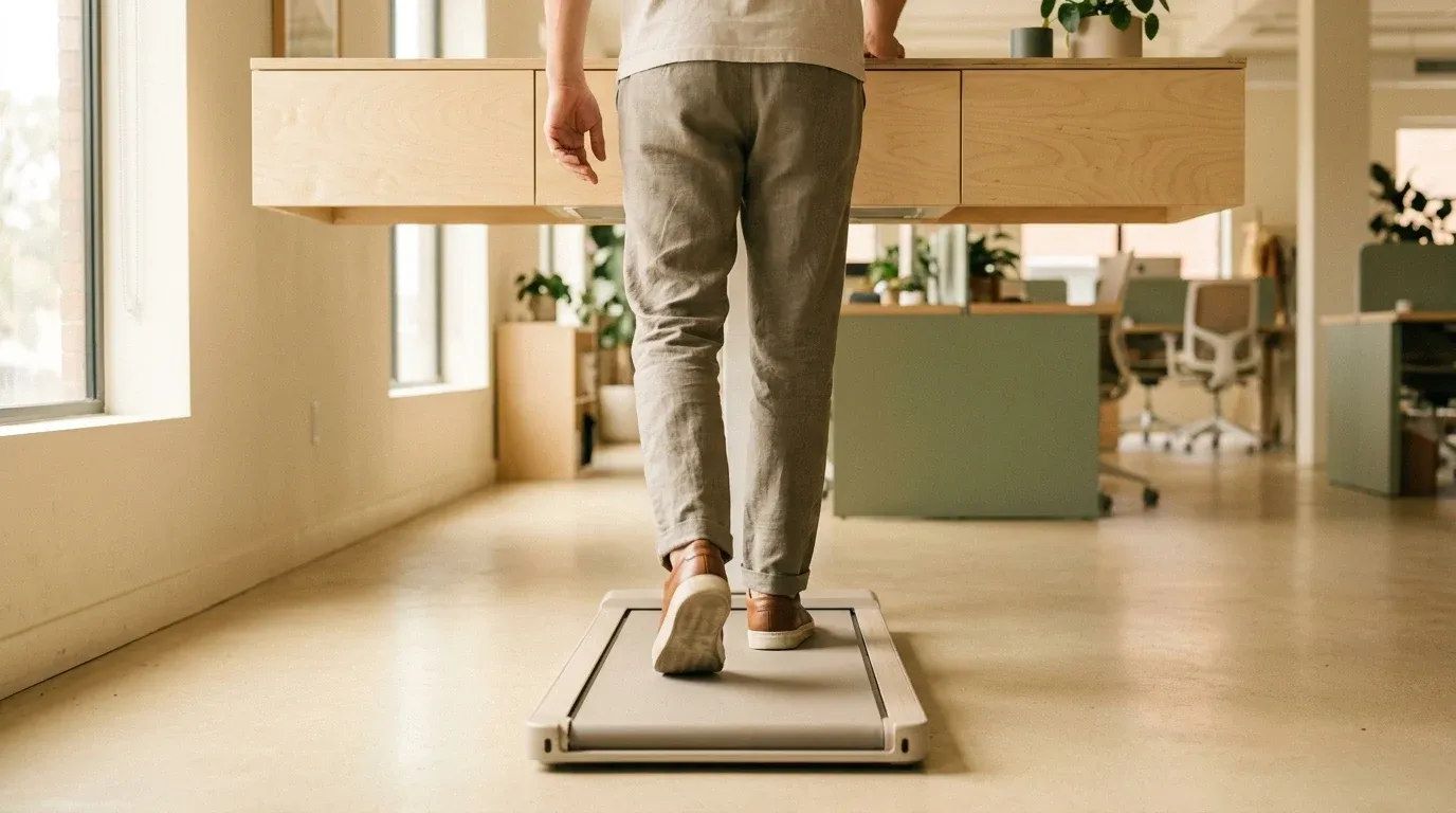 Person walking on a treadmill desk in warm natural light, captured mid-stride from behind.