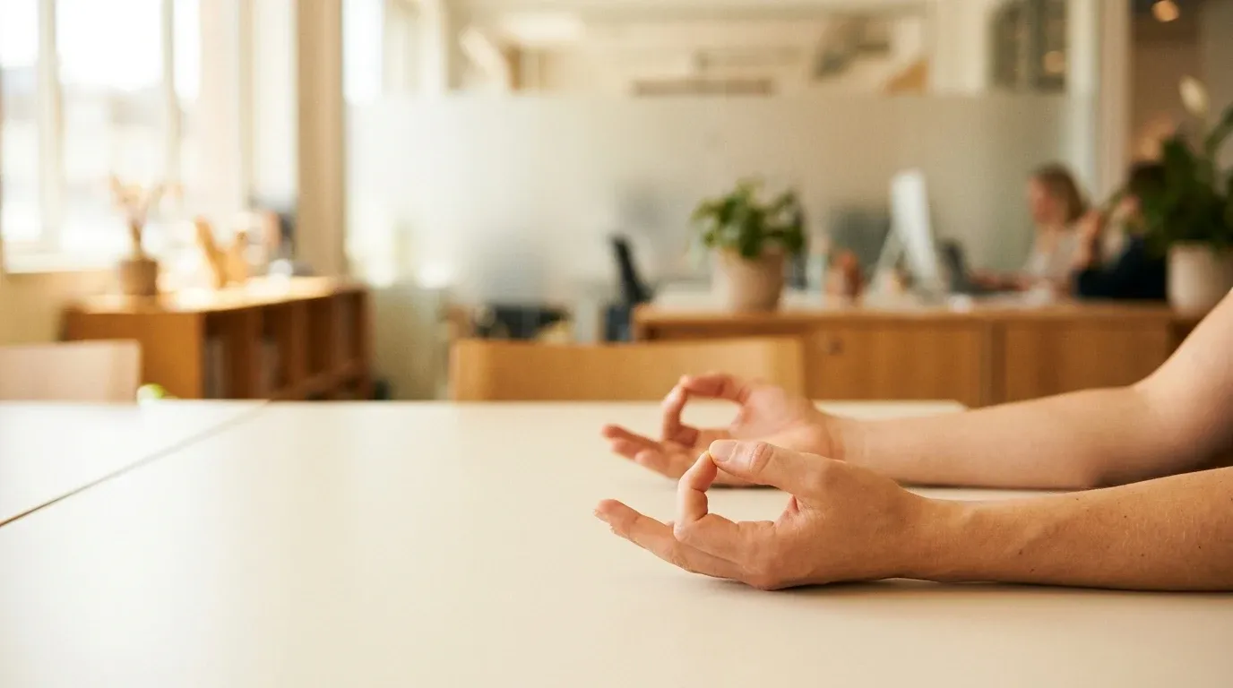 Two hands in meditation mudra rest on a minimalist desk in a modern office setting.
