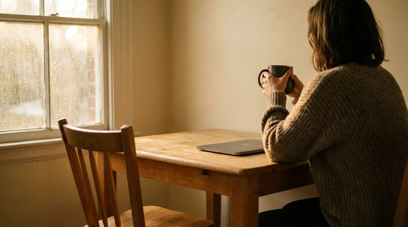Person alone at kitchen table holding mug, empty chair in foreground, rain-streaked window behind.