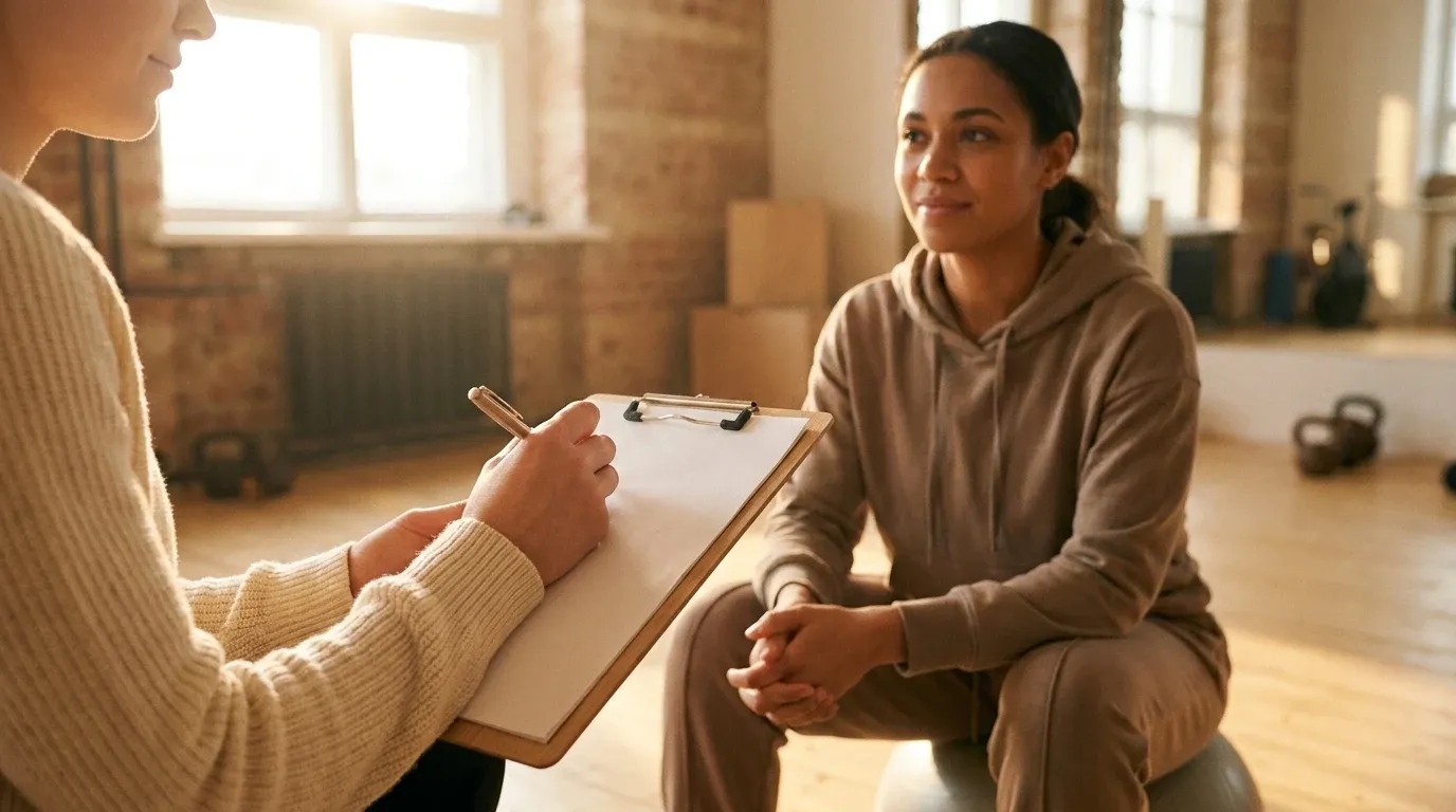 A trainer takes notes on an assessment form while making eye contact with an athletic client in warm, natural golden light.