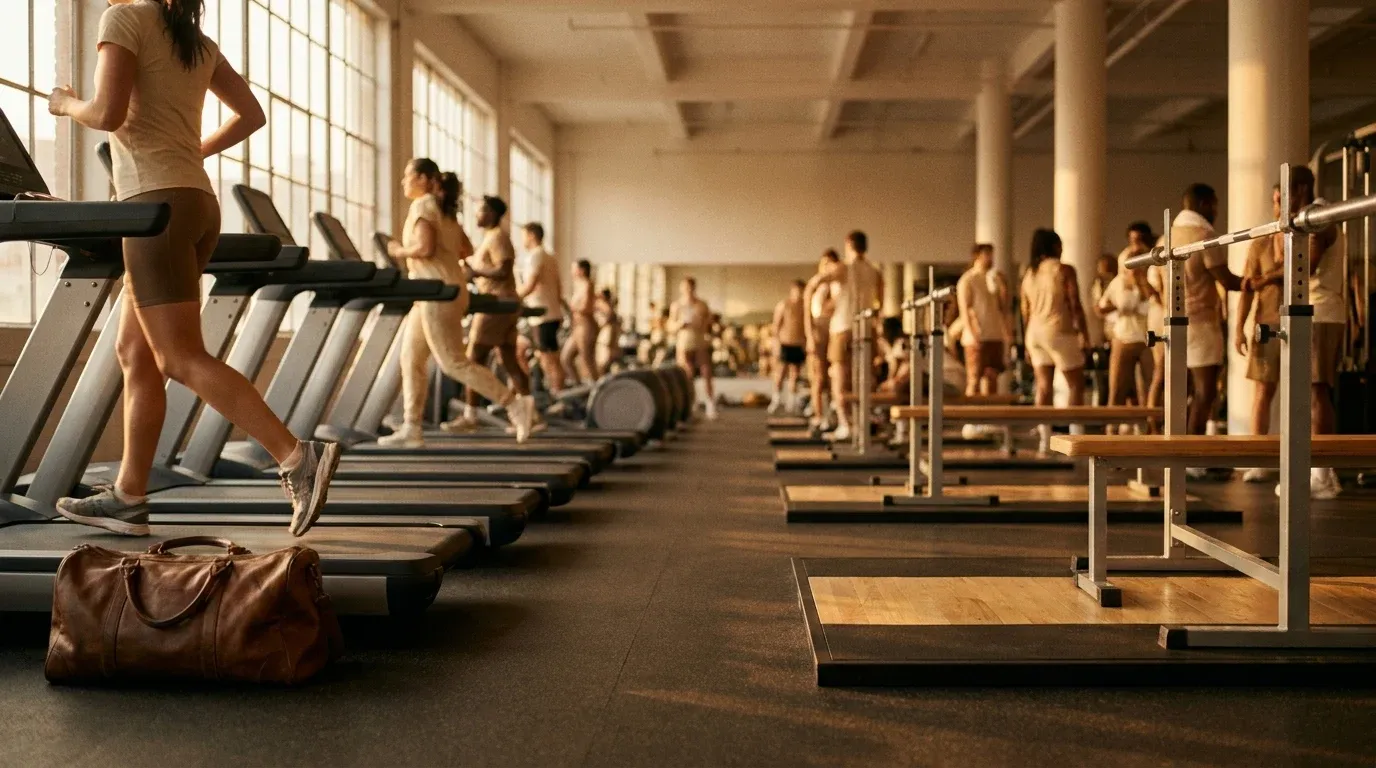 Wide view of a crowded gym with rows of occupied treadmills bathed in warm natural golden light from side windows.