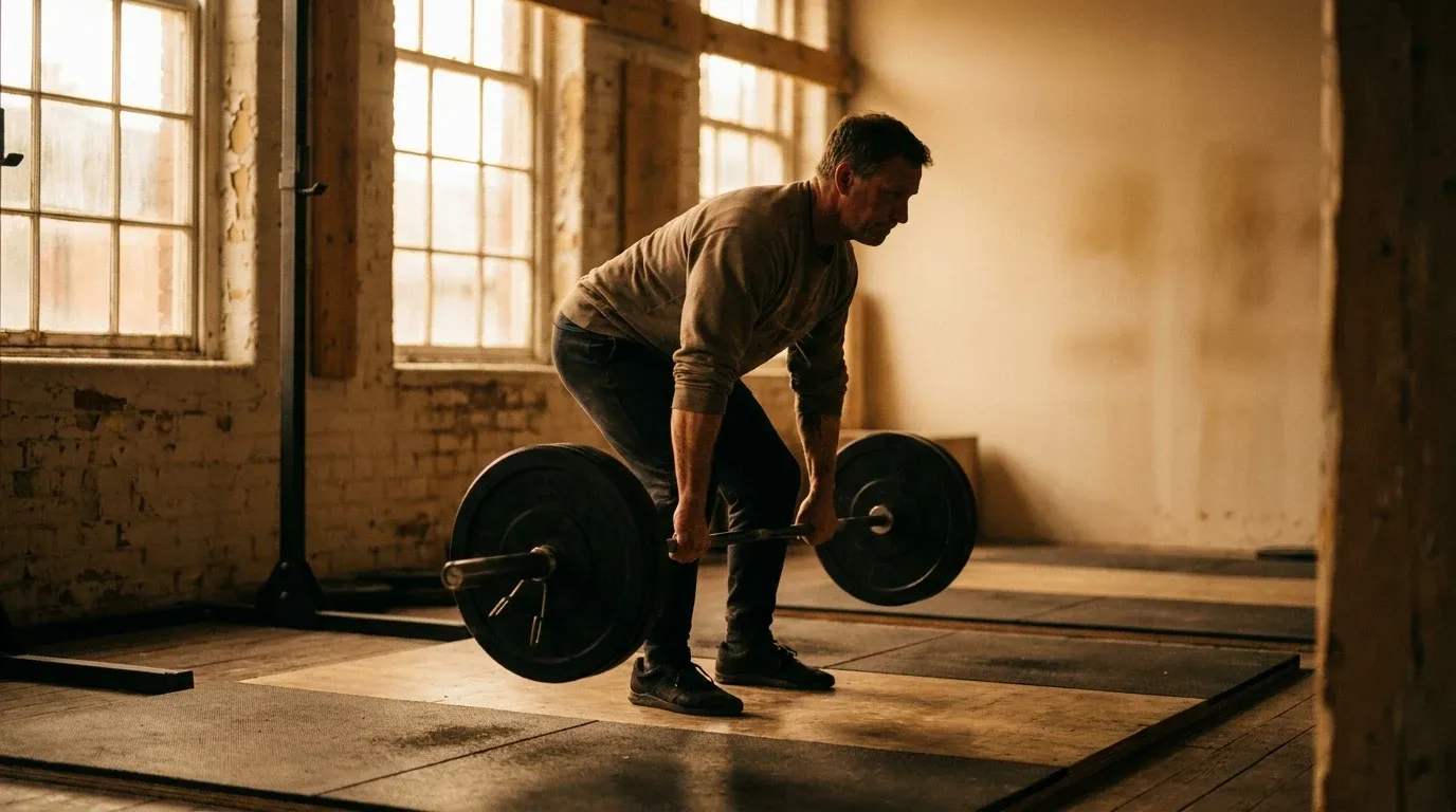 Middle-aged man performing a focused deadlift in a weathered gym bathed in warm golden-hour light.