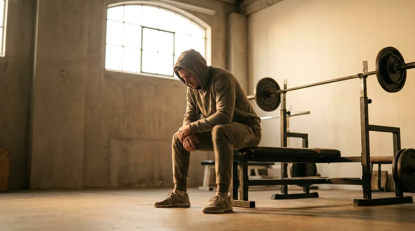 A person seated alone on a weight bench, head bowed in quiet contemplation, with a loaded barbell softly blurred behind them.