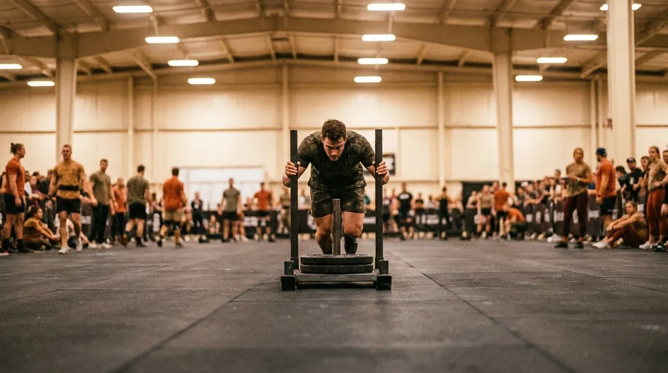 Athlete drives a competition sled toward camera at ground level with fully extended legs amid blurred crowd.
